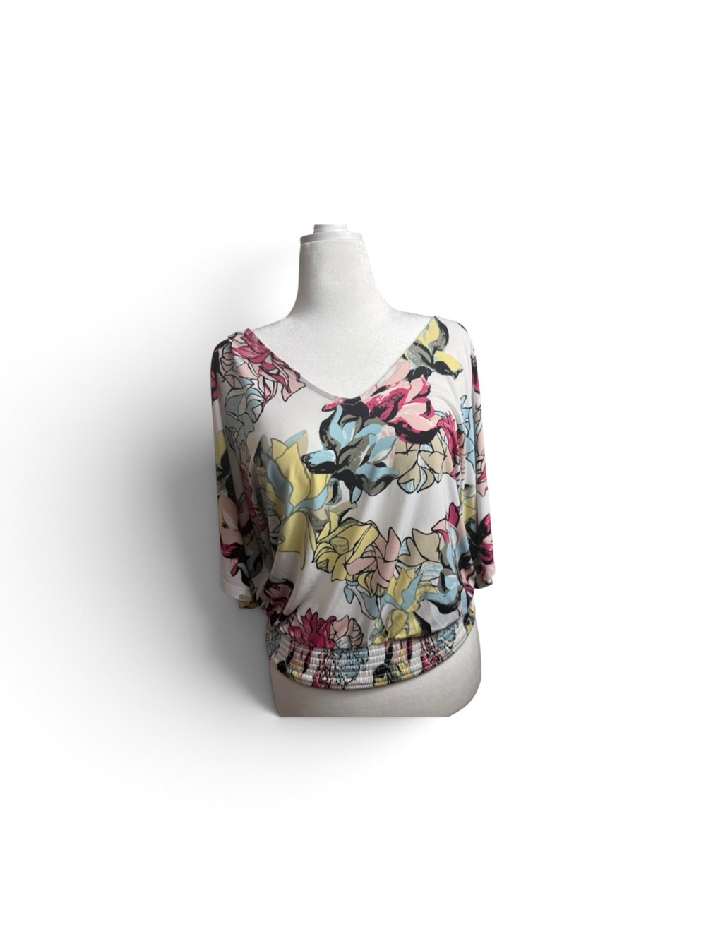 White House Black Market Cream Floral V-Neck Dolman Top